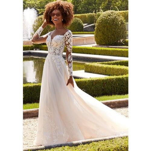 Illusion Long Sleeve Wedding Dress Tulle Appliques Bride Dresses for Women 2020 off Shoulder A Line Sweetheart Keyhole Back