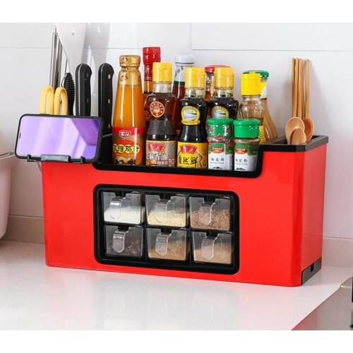 Seasoning Bottle Storage Box Kitchen Knife Brush Jar Organizer Plastic chopstick Spoon Holder Case with Phone Holder For Kitchen