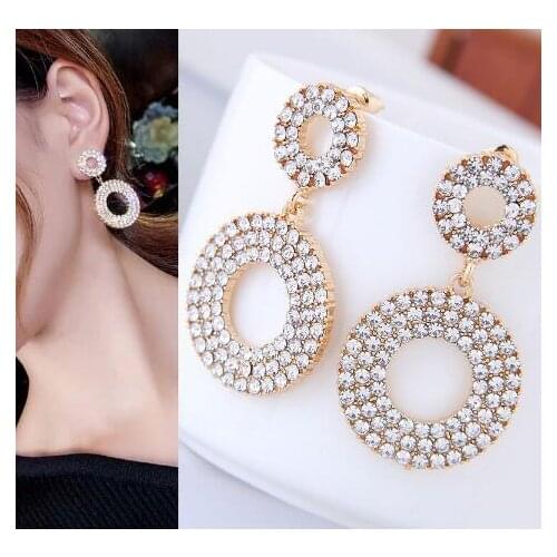 Exaggerated Round Alloy Crystal Geometric Circle Pendant Earrings For Women Fashion Big Metal Stud Jewelry Wholesale