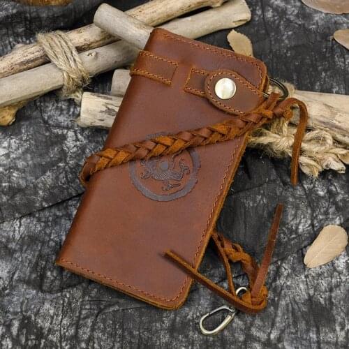 MAHEU Fashionable Embossed Leather Long Wallet With Braided Strap Genuine Leather 2 Folds Cell Phone Purse Coin Inner Zip Clutch