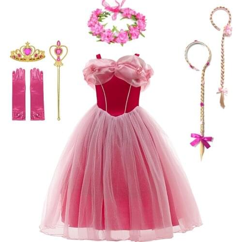 Fancy Princess Aurora Dress for Girls Sleeveless Strapless Longuette Mesh Gloves Wig Necklace Ceremonial Performance Costume