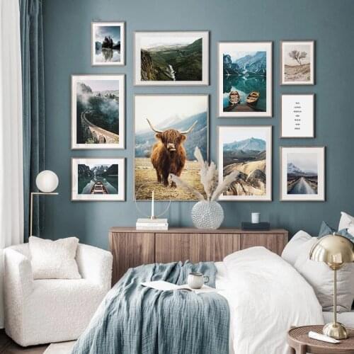 Natural scenery Poster Print Animal Cow Snow Mountain Canvas Painting Lake Forest Railway Wall Art Decoration Home Wall Picture