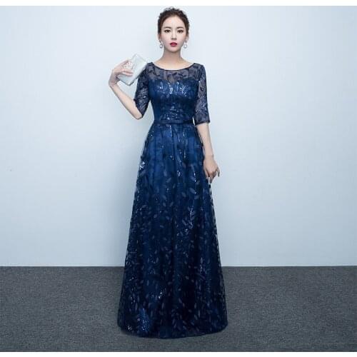 Special Occasion Dresses Illusion O-Neck Half Tulle Lace A-Line Sequined Embroidery Bow Luxury Navy Blue Women Prom Gown E839