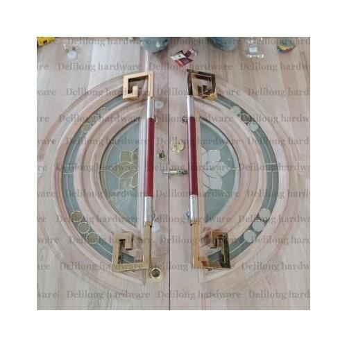 Luxury glass door wooden door gold color handles, Titanium+ rosewood wooden handles