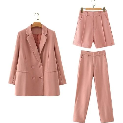 DOUJILI Pink Suit Double-Breasted Long Sleeve Coat High Waist Short Pants And Long Trousers Pant Suits