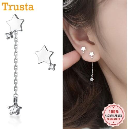 Trustdavis Real 925 Sterling Silver Fashion Sweet asymmetric Chsin Star CZ Stud Earrings For Women Wedding Party Jewelry DS2701