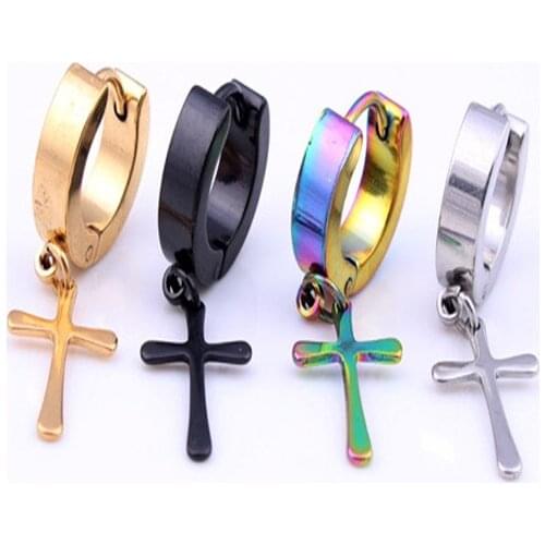Fashion Color Rose Gold Color Cross Circle Earrings Stainless Steel Street Style Jesus Christ Women Men Hoop Earrings Jewelry