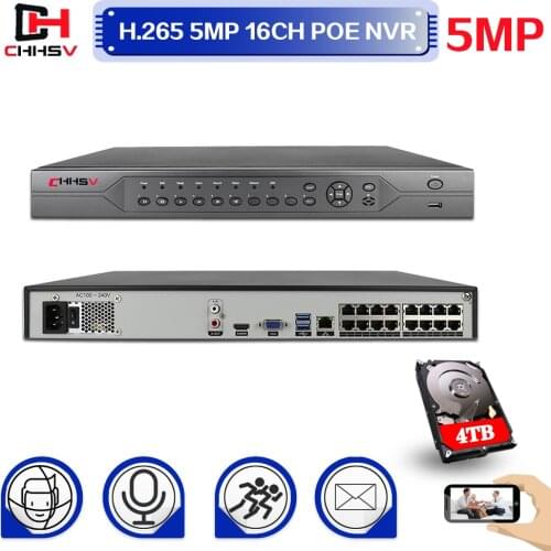 H.265 16CH 5MP POE NVR 48V Real PoE NVR 5MP 4MP 4K IP Network Video Recorder for PoE Camera P2P XMeye CCTV System With 4TB HDD