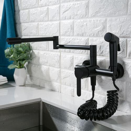 Fodable Kitchen Faucets Solid Brass Kitchen Sink Mixer Tap Hot & Cold Wall Mounted with Spray Gun Rotating Sink Mixer