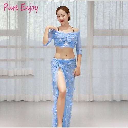 2019 New Comfortable Mesh Belly Dance Costume Women 2pcs Set Top Slit Side Skirt Oriental Dance Short Sleeve Dress