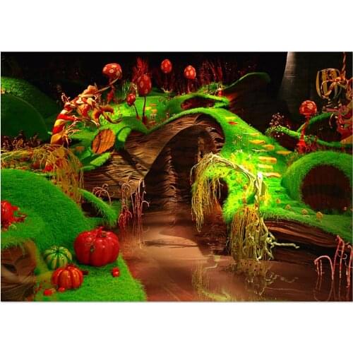 Chocolate Factory Green Grass Steps Bridge River Pumpkins photo backdrop Vinyl cloth Computer print wall background