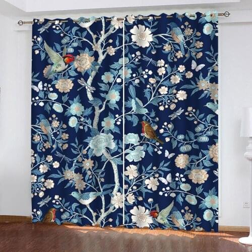 3D Curtains Birds And Flowers Window Blackout Curtains Heat Insulation 3D Curtain For Living Room Bedroom Customizable Size