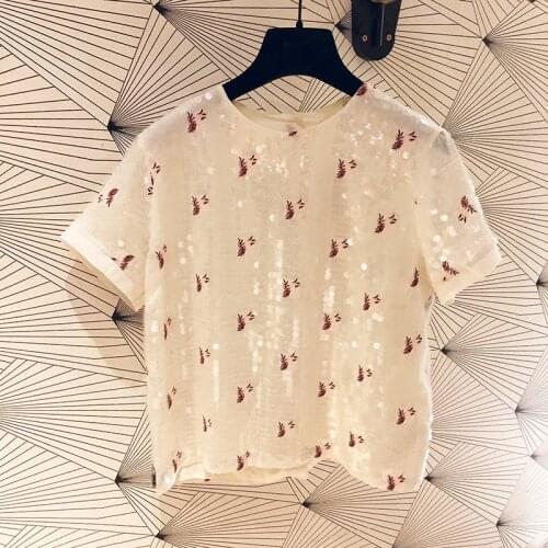Patads French fashion versatile ladies short sleeve T-shirt spring summer Sequin Casual Short print top e19lapy