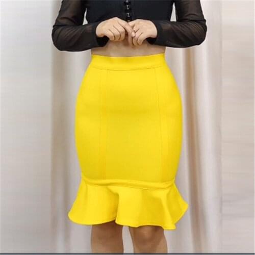 Women Bandage Skirts New Fashion Ruffles Knitted Knee-Length Skirt Black Yellow Sexy Empire Office Casual Ladies Skirts