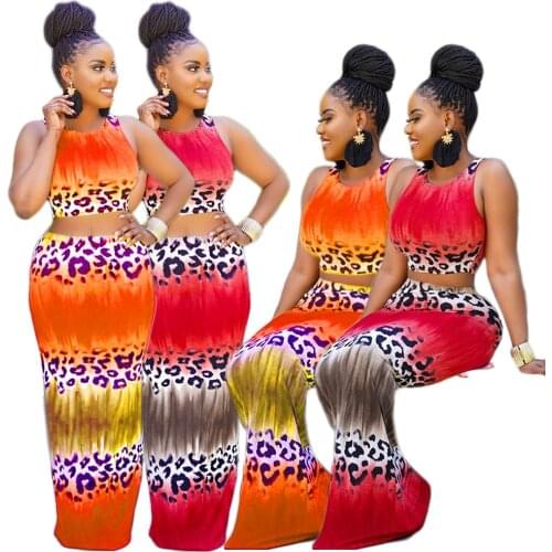 Sexy Gradient 2 Pieces Skirt Sets Women Tank Sleeveless Crop Top and Long Skirt Summer Vacation Boho Elegant Clothing for 2021