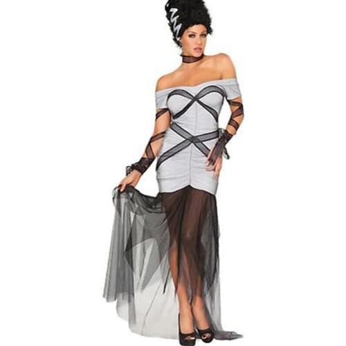 Stylish Paper Magic Monster Bride Halloween Costume For Women Fancy Sexy Ghost Chiffon Off Shoulder Short Sleeve Dress Carnival