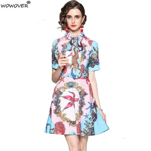 2021 Summer Runway Short Sleeve Shirt Collar Sashes Retro Print Women Dress Fashion Designers Knee Length Casual Robe Vestidos