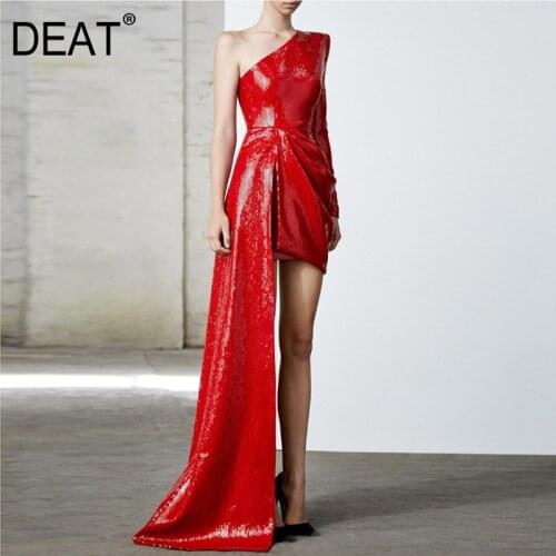 [DEAT] 2021 Summer New Fashion Tide Diagonal Collar High Waist One-shouder Sequins Personality Dress Women High Quality 13C797