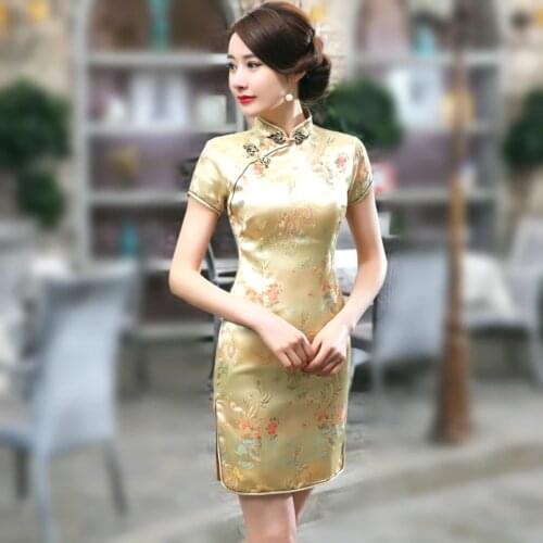 Women Stain Golden Cheongsam Dresses Dragon Phoenix Short Qipao Plus Size 6XL XXXL Cheongsam Dress Traditional Chinese Style