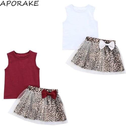 2021 2-7Y Princess Toddler Girls Dress Solid Color Sleeveless Top Vest+Bow Leopard Print Tulle A-line Skirt Summer Outfits 2pcs
