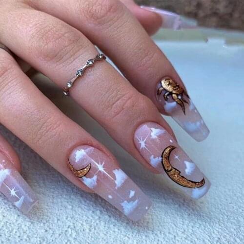24pcs Sun Moon Long Coffin False Nails Detachable Full Cover Nail Patch New Women Fashion Press on Nail Manicure Tips 2021