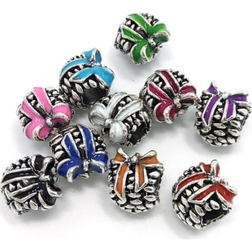 Free Shipping 50pcs mix color oil-drip antique silver plated alloy pine cone beads fit European bracelet charms DIY