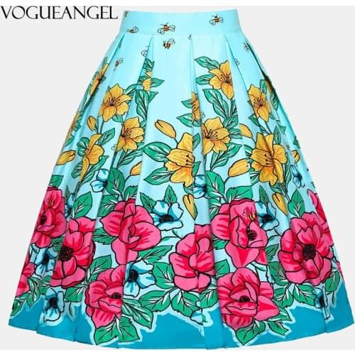 Floral Print Vintage Skirts Womens Plus Size High Waist Rockabilly Retro 50s Casual Ruffles Midi Skirts A-Line Women Party Skirt