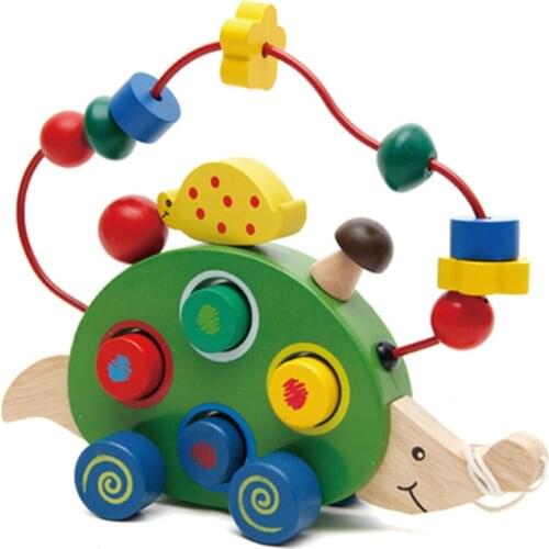 Montessori Wooden Dragging Car Hedgehog for Kids Baby Early Childhood Educational Diecasts Maze Beads Toys Vehicles Children