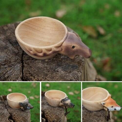 Wooden Mug Animal Shape Portable Camping Drinking Cup Carved Cup For Coffee Hand Tea With Milk Lanyard Outdoor A4S5