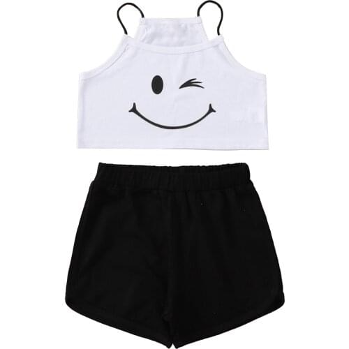 2Pcs Kids Girls Summer Outfit Spaghetti Straps Sleeveless Cartoon Cropped T-shirt and Shorts Set for Exercise Sport Leisure Wear