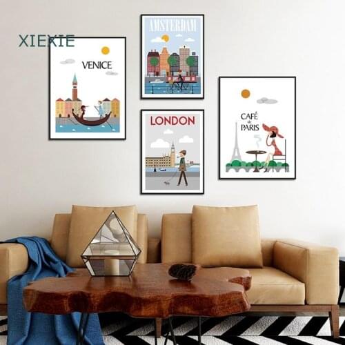 Cartoon City Canvas London Paris New York Landscape Print Pictures Mordern Wall Art Decoration Posters for Living Room Bedroom