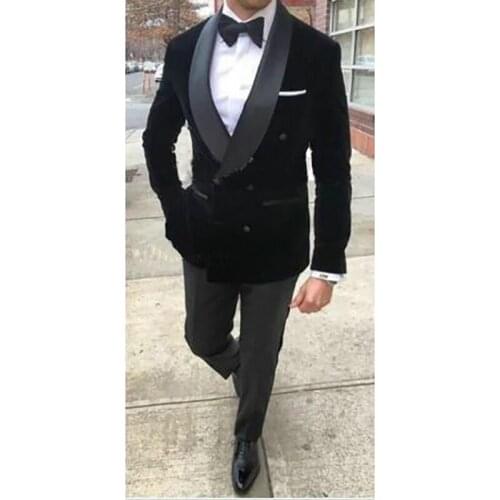 Classic Double Breasted Black Velvet Suit Men Set Fashion Tailored Best Made Bridegroom Marriage Wedding Tuxedo Blazer Vest Pant