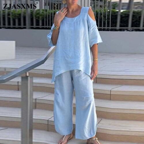 Sexy Pure Cotton Linen Women Sets Pants Spring Off Shoulder T Shirt Pullover and Wide Leg Pants Suit Autumn Loose Simple Outfits