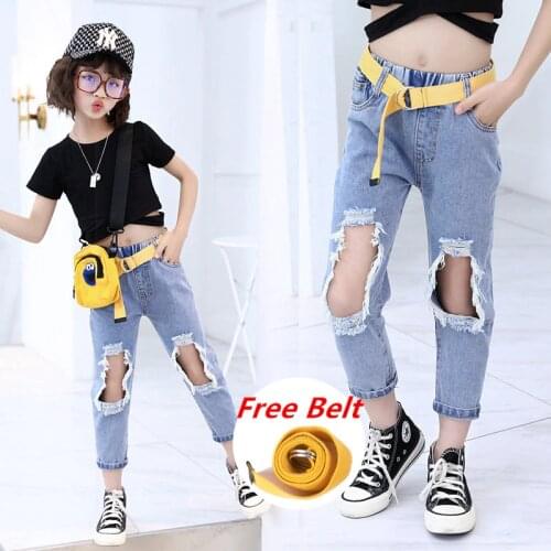 Summer Girls Broken Hole Jeans with Belt Casual Stylish Children Ripped Jeans with Knee Holes Teenager Broken Hole Denim Pants