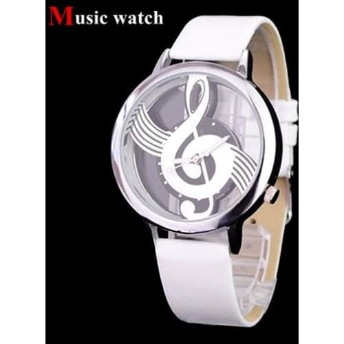 Hot selling clock Music Shape Watch Round Dial Elegant White Leather Casual Women Fashion Wristwatch Free Shipping Drop Shipping