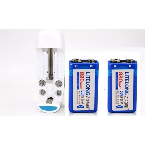2*880mAh 9v li-ion lithium Rechargeable Battery 9 Volt Batteries + Universal 9v AA AAA 18650 14500 CR123A charger set