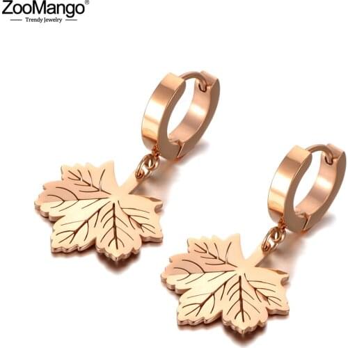 ZooMango Trendy Titanium Stainless Steel Maple Leaf Earrings For Women Girls Office Style Rose Gold Summer Hoop Earrings ZE20093