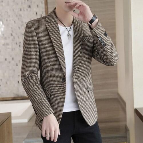 2021 Mens Slim Fit Houndstooth blazer Youth Autumn New Slim Fit One-Button blazer