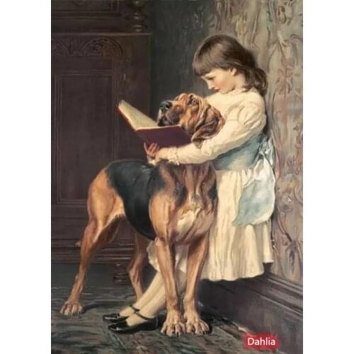 Girl and Dog, Reading Cross Stitch Kits Art Crafts Sewing Top Quality Embroidery Needlework DIY 14CT Unprinted Decor Handmade