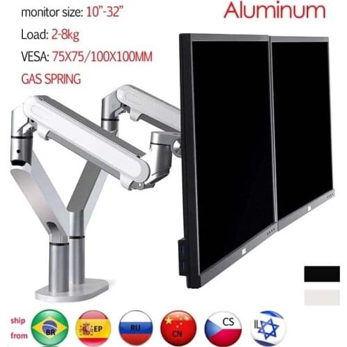 2018 new OZ-2 10-32" air press gas strut tilt lcd desktop mount swivel 2-8KG double monitor table stand with clamp grommet base