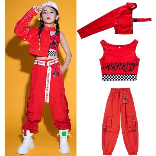 2021 New Children Hip Hop Dance Clothes For Girls Single Sleeve Red Outfits Jazz Performance Costumes Stage Rave Clothes DN8187