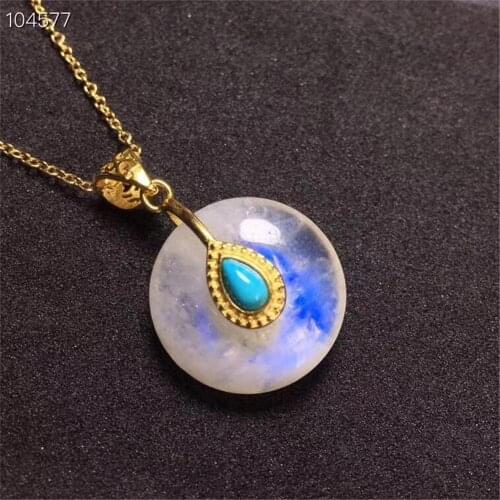 Real Natural Moonstone Pendant Peace Buckle Jewelry For Woman Man Crystal 16x6mm Round Beads 14K Gold Blue Light Gemstone AAAAA