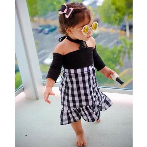 2Pcs Toddler Casual Outfits, Girls Off-shoulder Solid Color Long Sleeve Boat Neck Pullover + Slit Plaid Skirt, 18Months-7Years