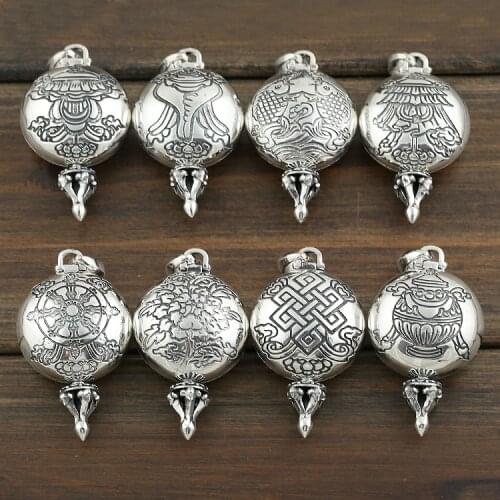925 Silver Tibetan Symbols Gau Pendant Buddhist Eight Symbols Gau Box Pendant Buddhist Babao Symbol Prayer Box Pendant