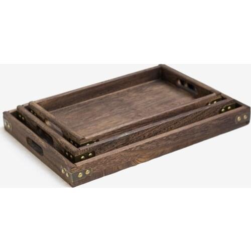 Japan Style Serving Tea Tray with Handle Metal Edge Rectangular Burn Paulownia Wood Plates Dinner Snack Plate Hotel Suppliers