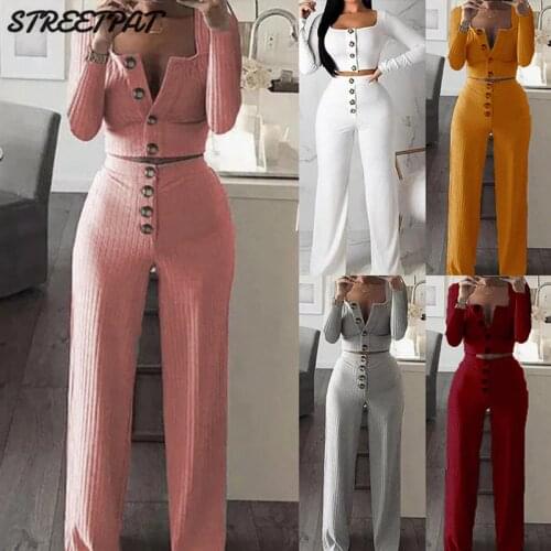 Cardigan Slim Two Piece Set Women Knitted Tracksuit Sexy Crop Top Pants Solid Color Sweatpants Fitness Sweatsuit 2020 Fall
