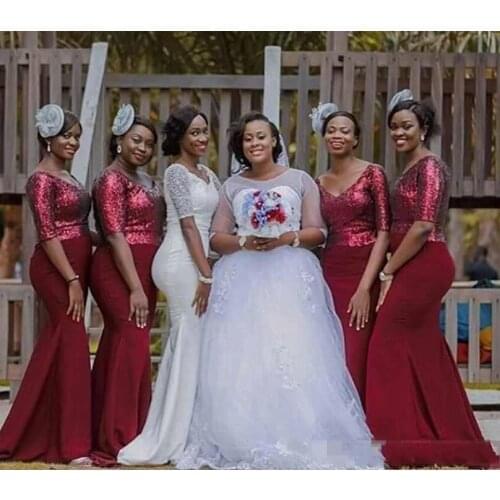 Nigeria Sequins Mermaid V Neck Half Sleeve Sequins Custom Made Wedding Gown Bride Bridal Dress