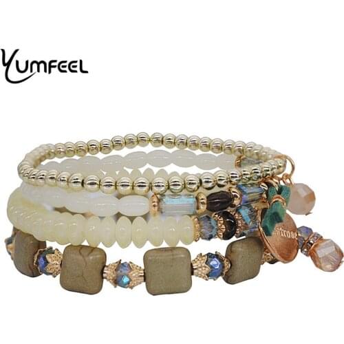Yumfeel Brand New Crystal Resin Beaded Bracelet Women Jewelry Handmade Layer Heart Charm Tassel Bracelet & Bangles Gifts