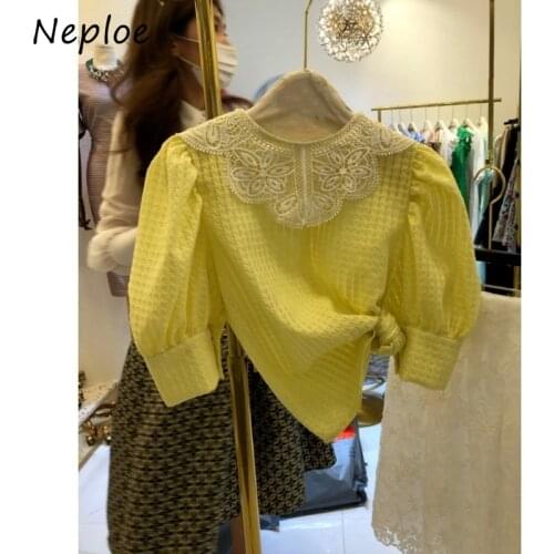 Neploe Stitching Contrast Flower Woman Shirt 2021 Summer Womens Korean Round Neck Blouses Puff Sleeve Short Sleeve Blusas