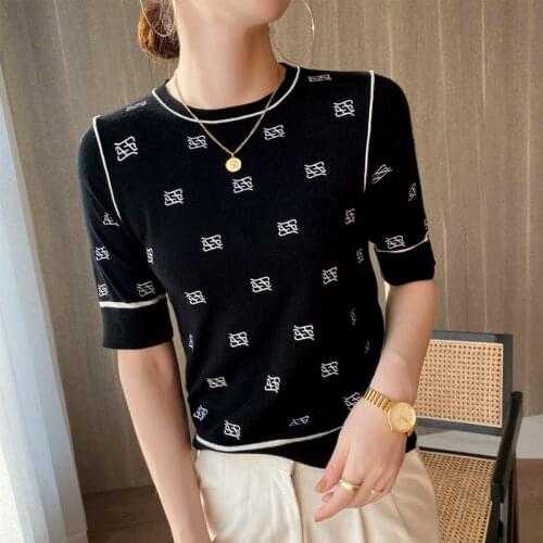 Fine imitation knitted wool short-sleeved blouse womens letter base